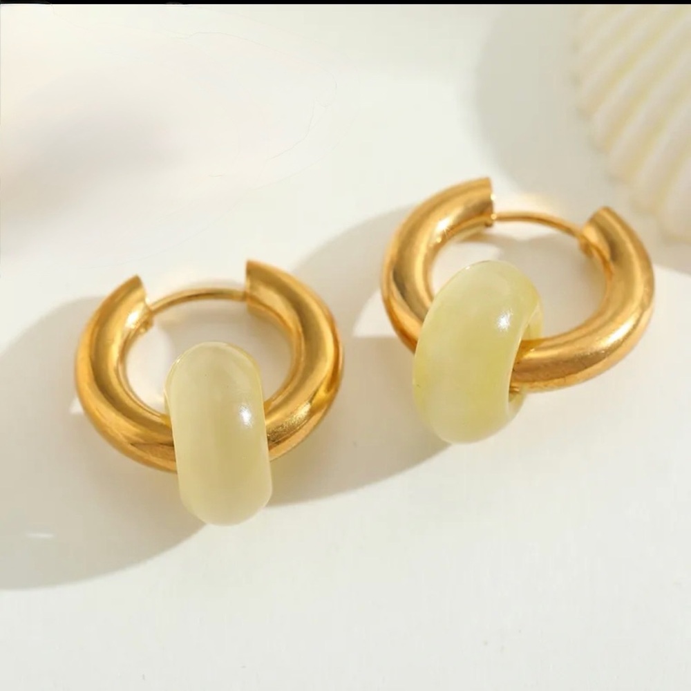 Yellow Hoop Earrings with Natural Stone - Picture 3 of 3